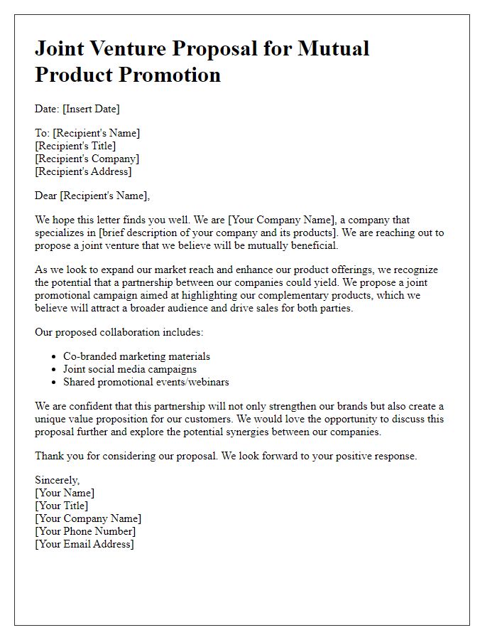 Letter template of joint venture proposal for mutual product promotion