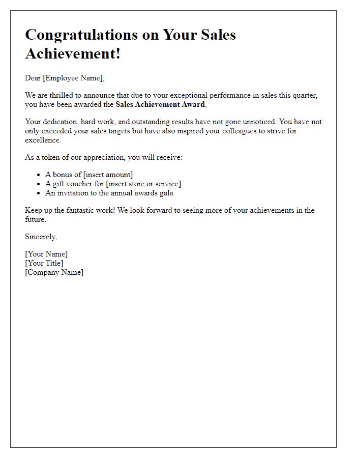 Letter template of promo award announcement for sales achievement.