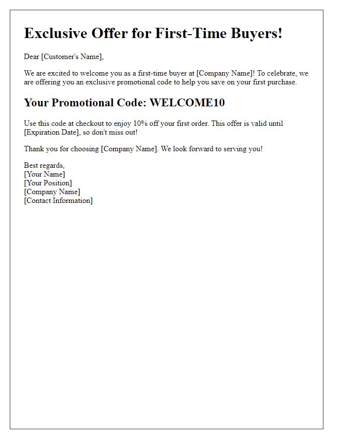 Letter template of first-time buyer promotional code