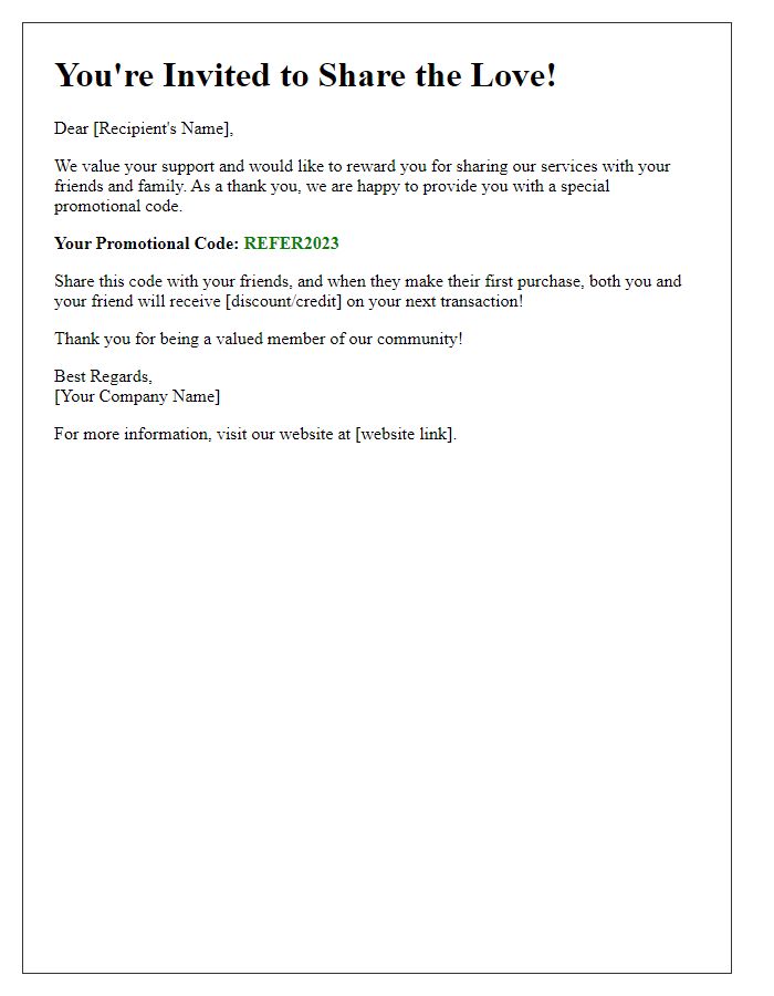 Letter template of referral reward promotional code