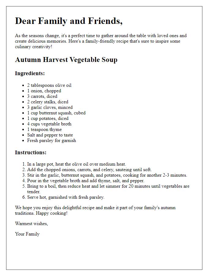 Letter template of family-friendly seasonal recipe inspiration.