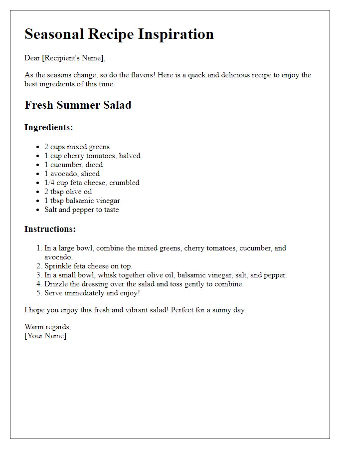 Letter template of quick seasonal recipe inspiration.