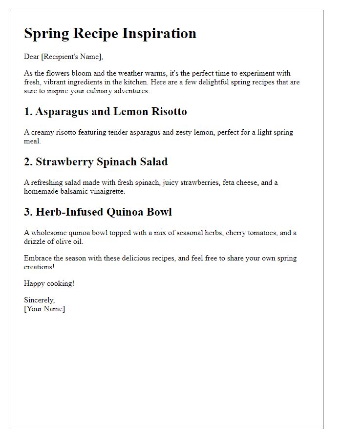 Letter template of spring recipe inspiration.