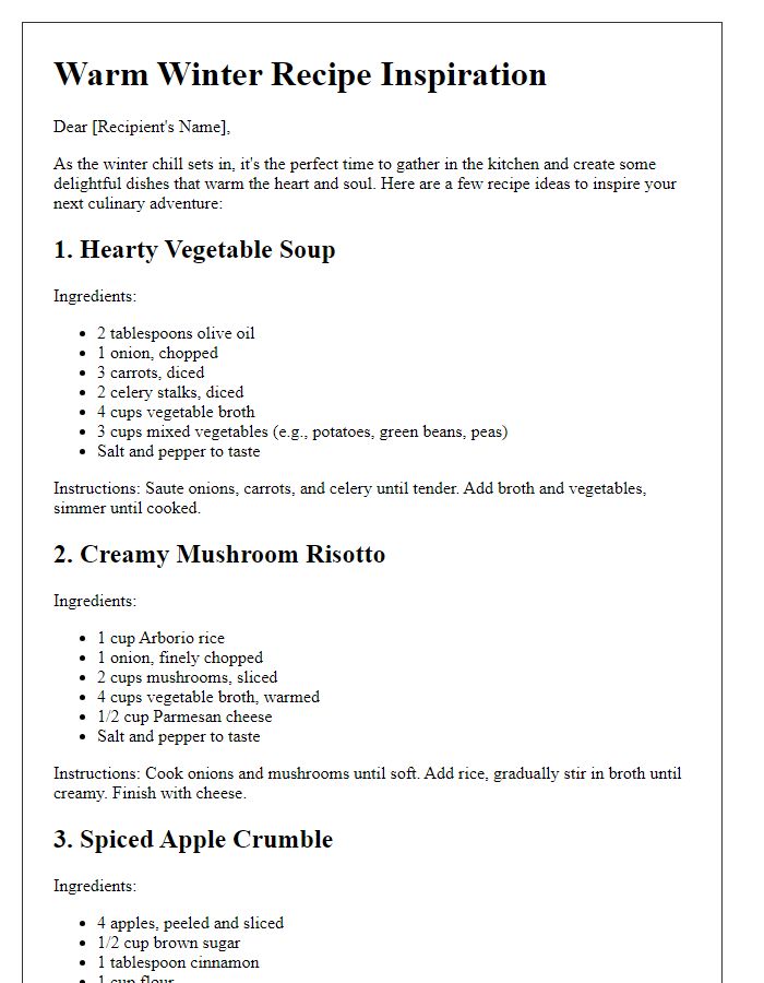 Letter template of winter recipe inspiration.