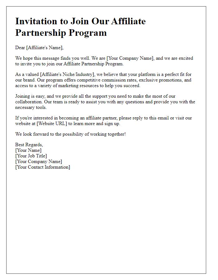 Letter template of affiliate partnership invitation