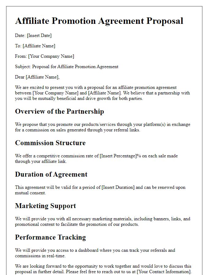 Letter template of affiliate promotion agreement proposal