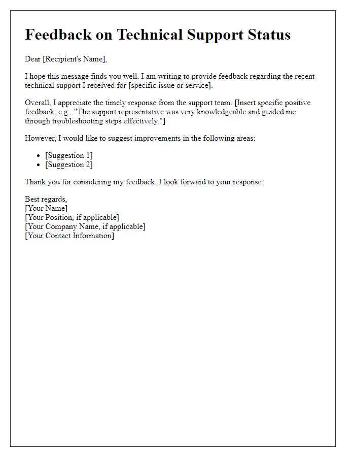 Letter template of Feedback on Technical Support Status