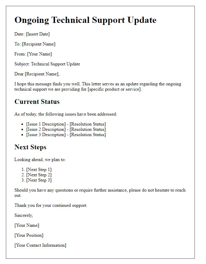 Letter template of Ongoing Technical Support Update