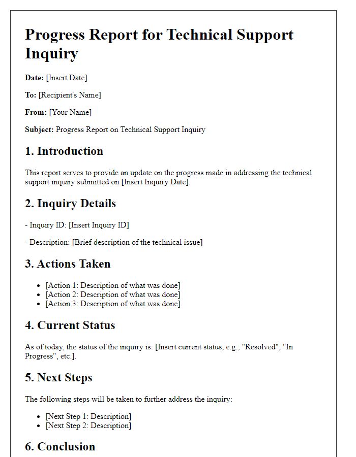 Letter template of Progress Report for Technical Support Inquiry