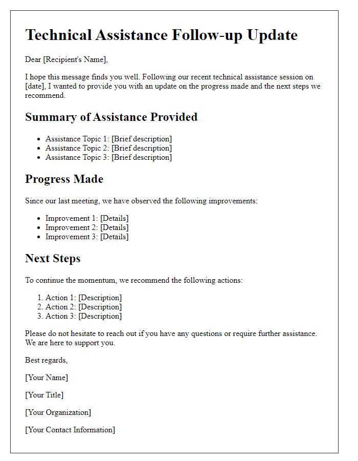 Letter template of Technical Assistance Follow-up Update