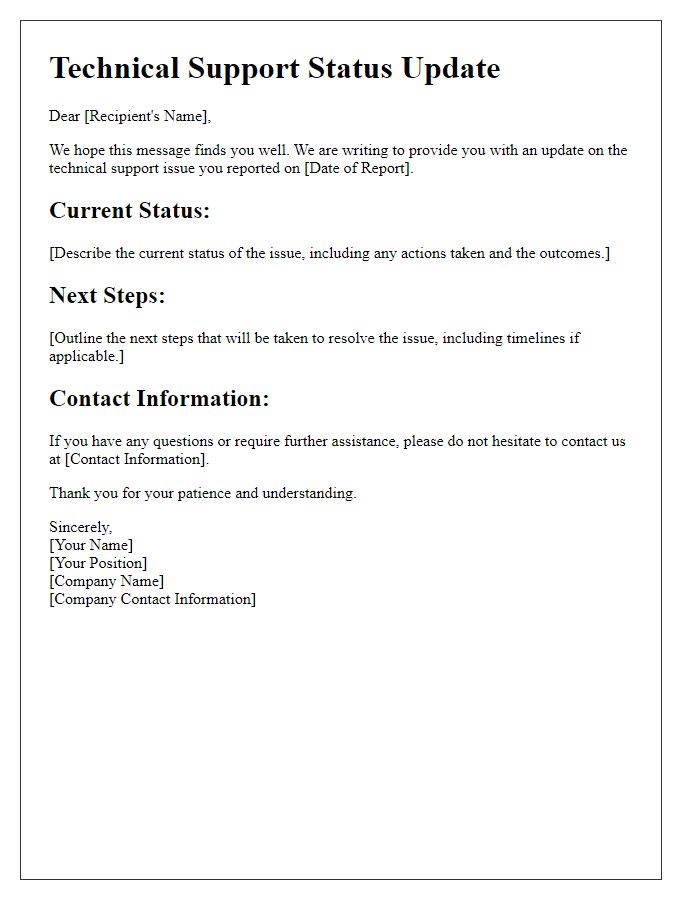 Letter template of Technical Support Status Update