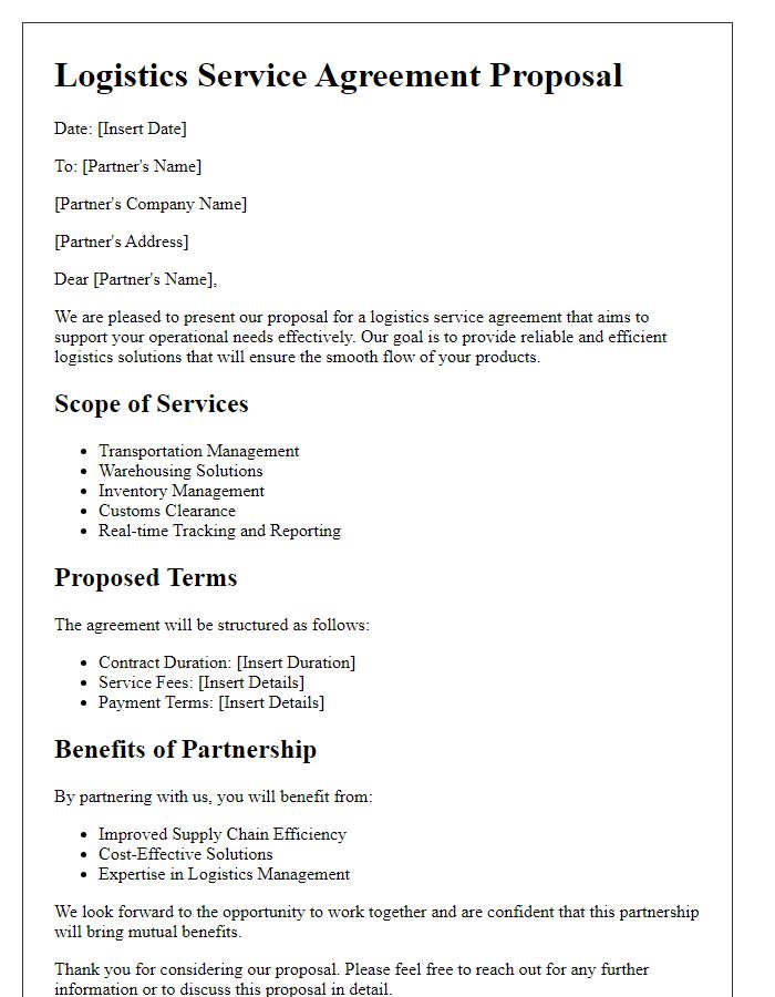 Letter template of logistics service agreement proposal for partners