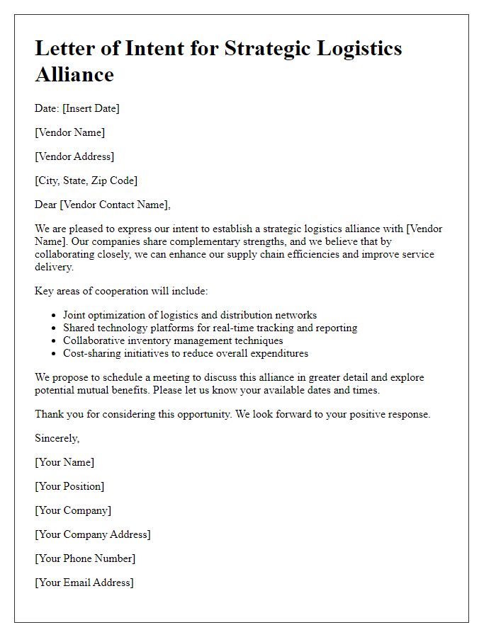 Letter template of strategic logistics alliance for vendors