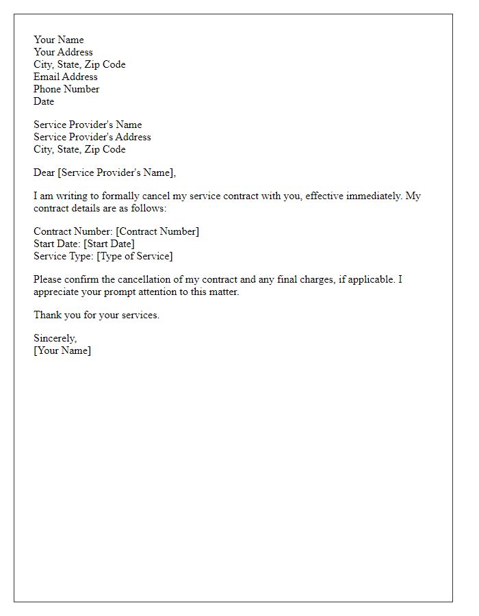 Letter template of service contract cancellation for personal use