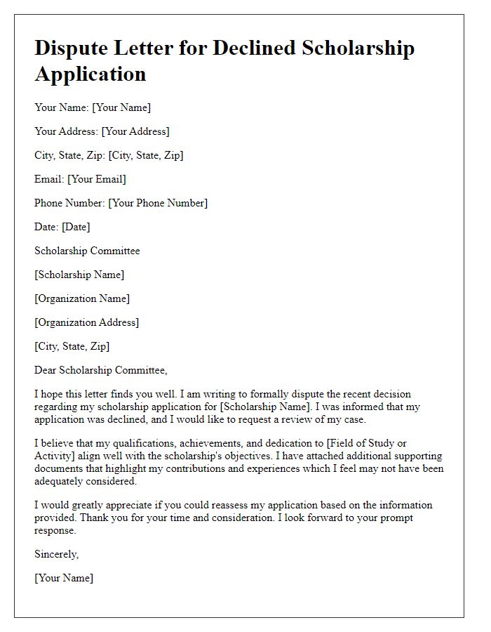 Letter template of dispute for declined scholarship application