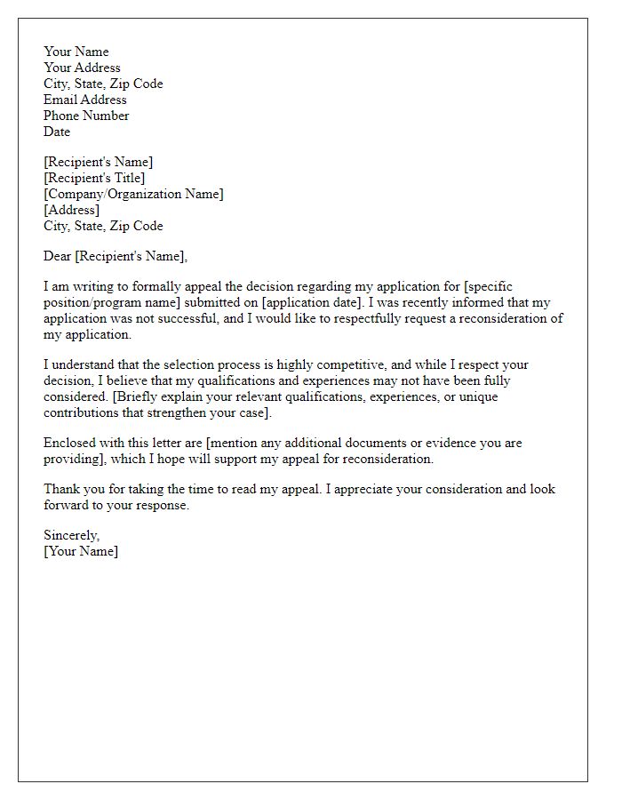 Letter template of formal appeal for application rejection