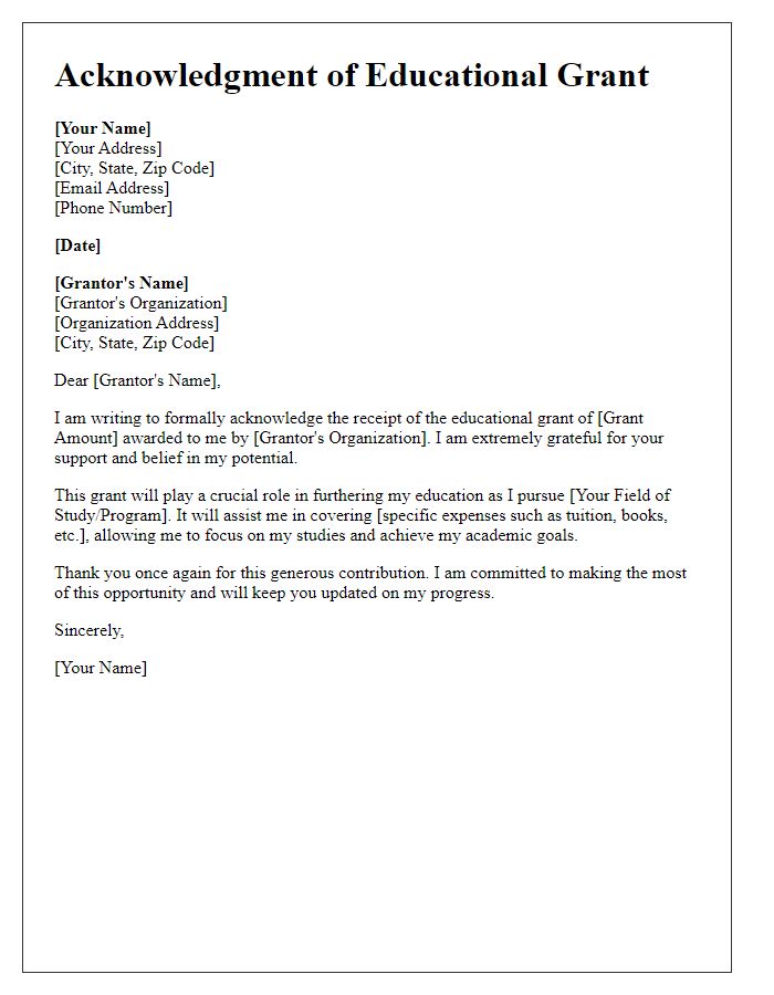 Letter template of acknowledgment for educational grant