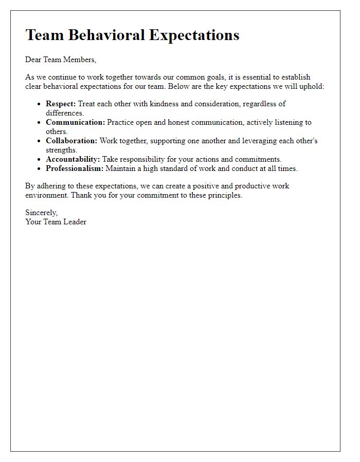 Letter template of behavioral expectations for team members