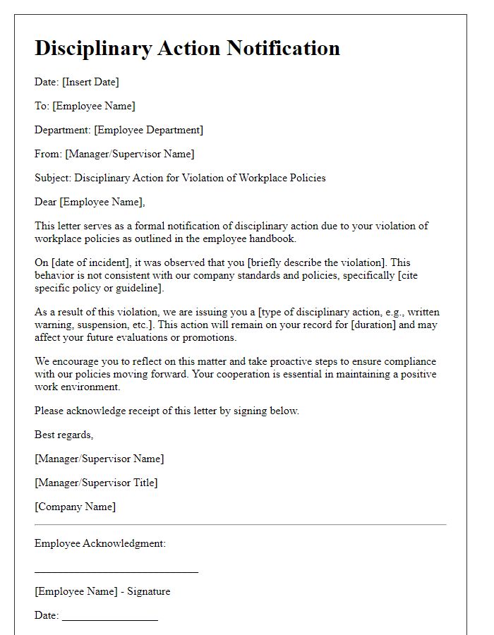 Letter template of disciplinary action for violation of workplace policies