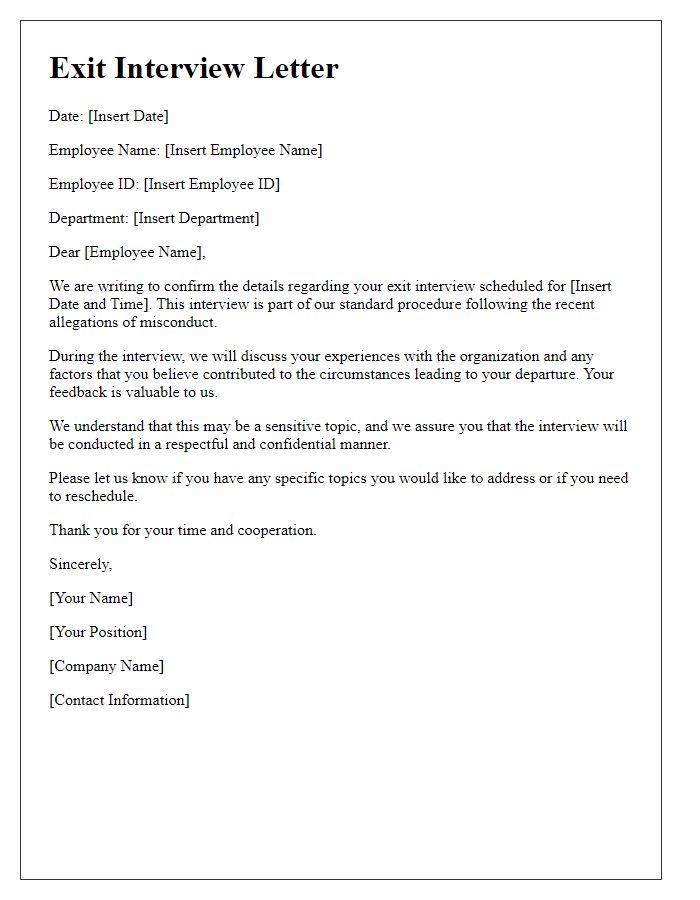 Letter template of exit interview following misconduct allegations