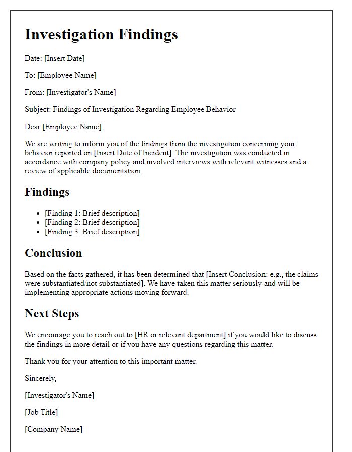 Letter template of investigation findings related to employee behavior