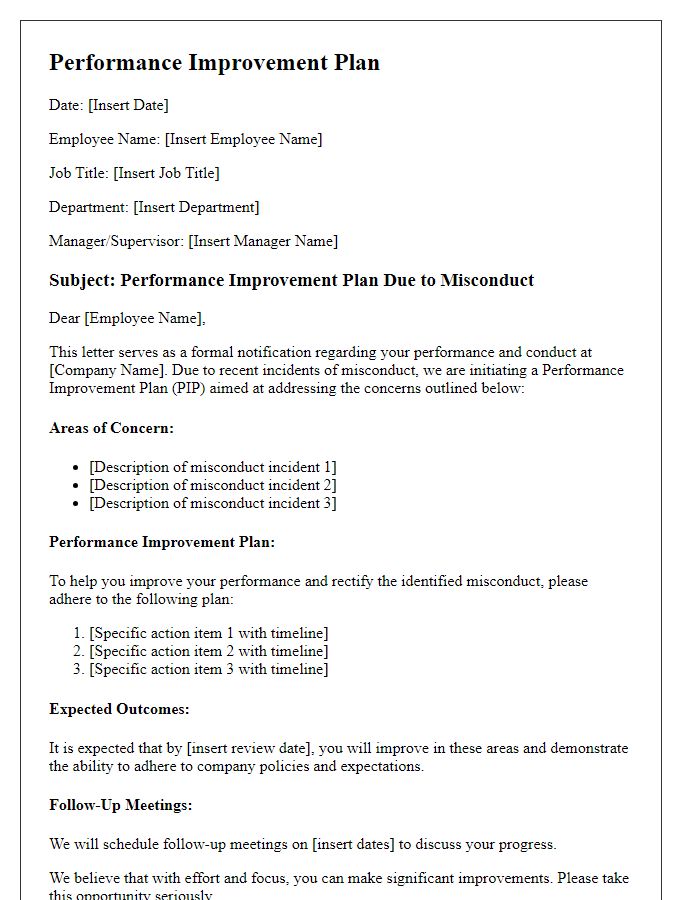 Letter template of performance improvement plan due to misconduct