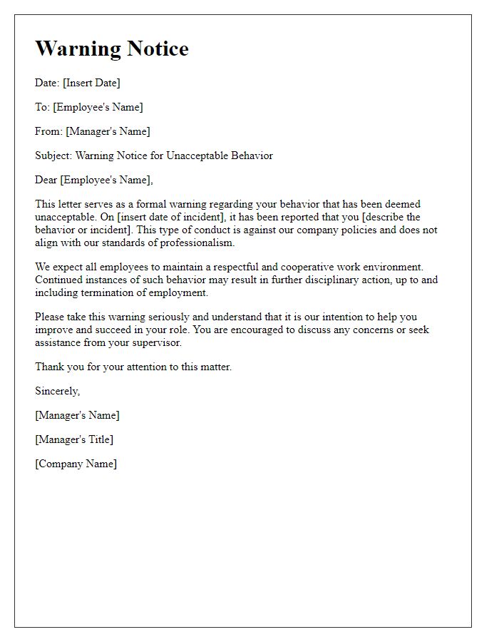 Letter template of warning notice regarding unacceptable behavior