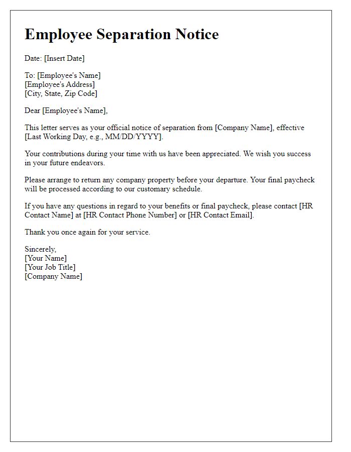 Letter template of employee separation notice