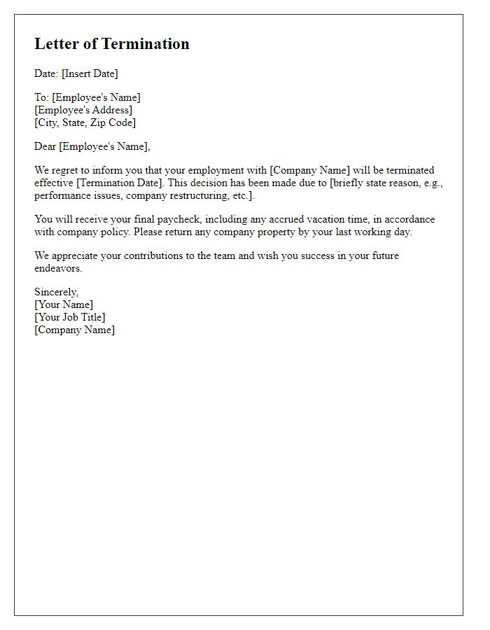 Letter template of job termination communication