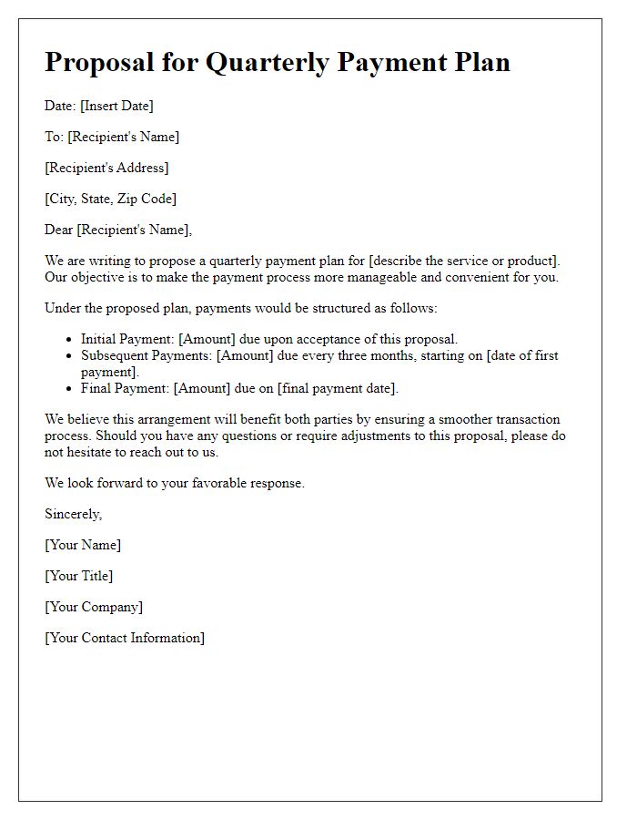 Letter template of proposition for quarterly payment plan.