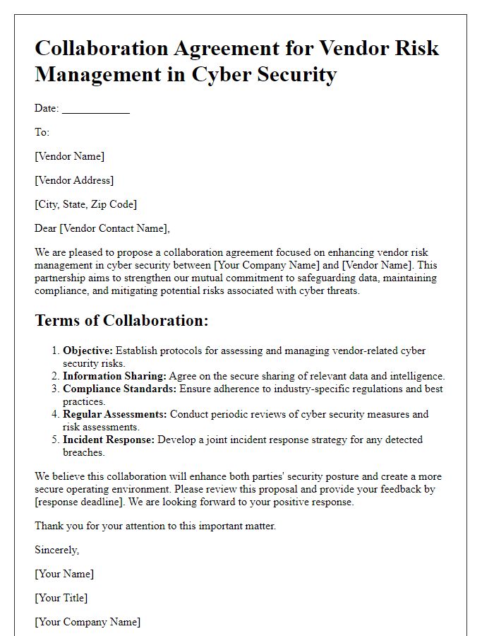 Letter template of collaboration agreement for vendor risk management in cyber security.