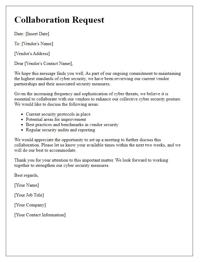 Letter template of collaboration request for enhanced vendor cyber security measures.