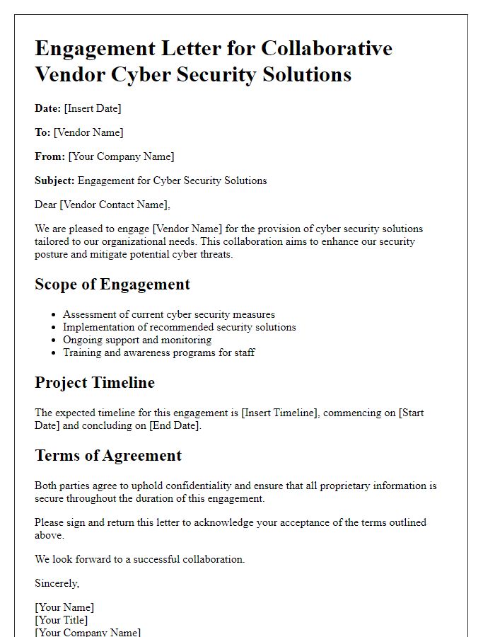 Letter template of engagement for collaborative vendor cyber security solutions.