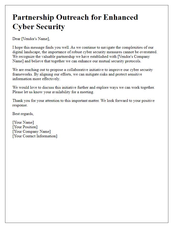 Letter template of partnership outreach for improved vendor cyber security protocols.