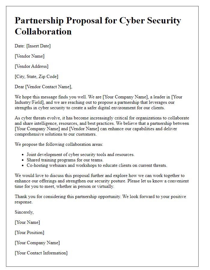 Letter template of partnership proposal for vendor cyber security collaboration.