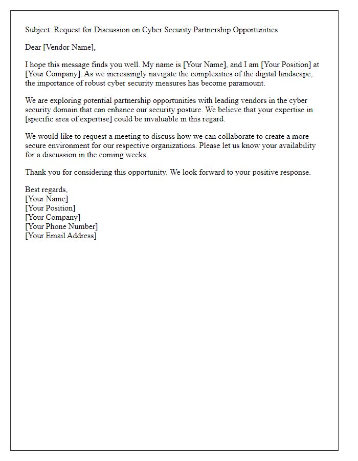 Letter template of request for discussion on vendor cyber security partnership opportunities.