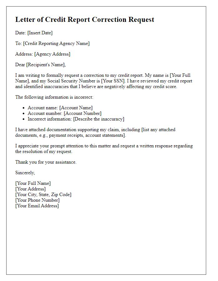 Letter template of credit report correction request