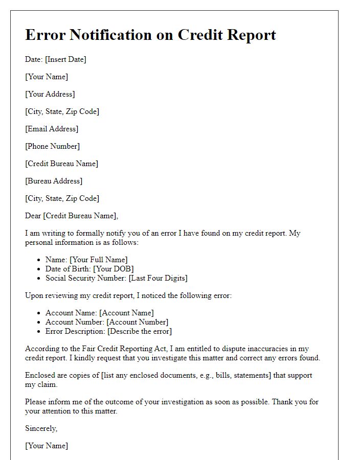 Letter template of error notification for credit report