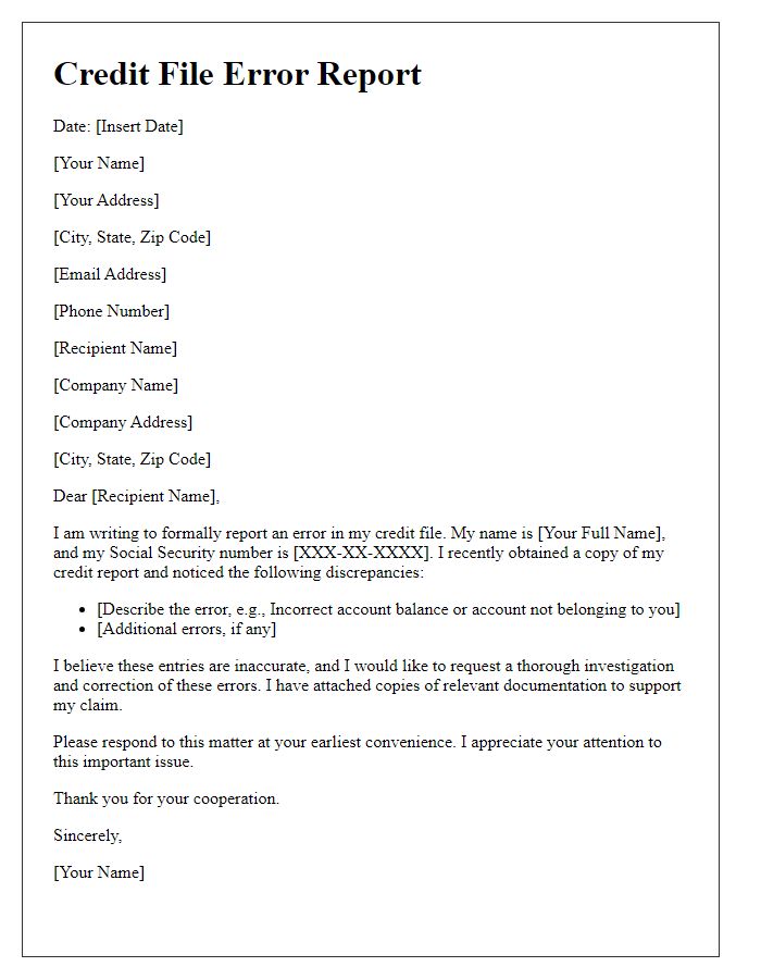 Letter template of reporting credit file error for review