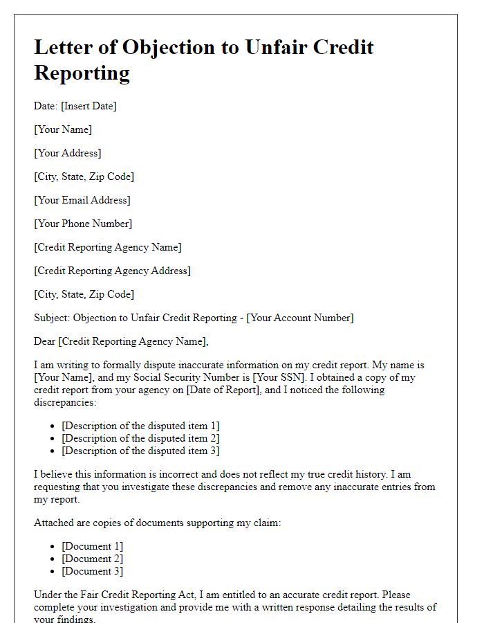 Letter template of unfair credit reporting objection