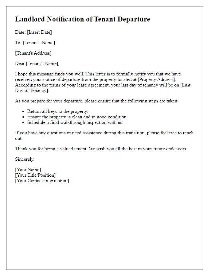 Letter template of landlord notification for tenant departure