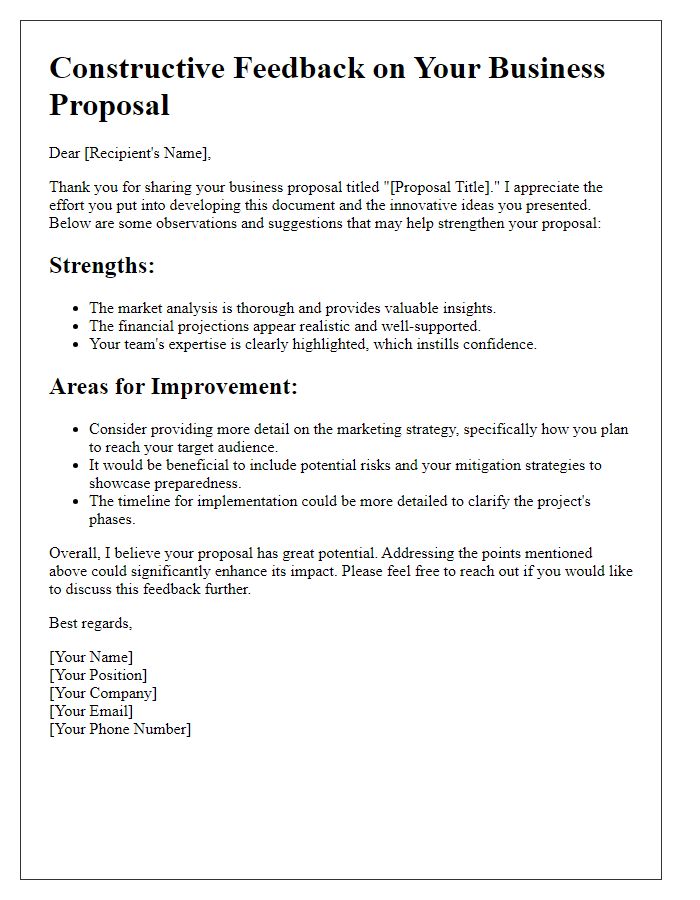 Letter template of constructive feedback on a business proposal