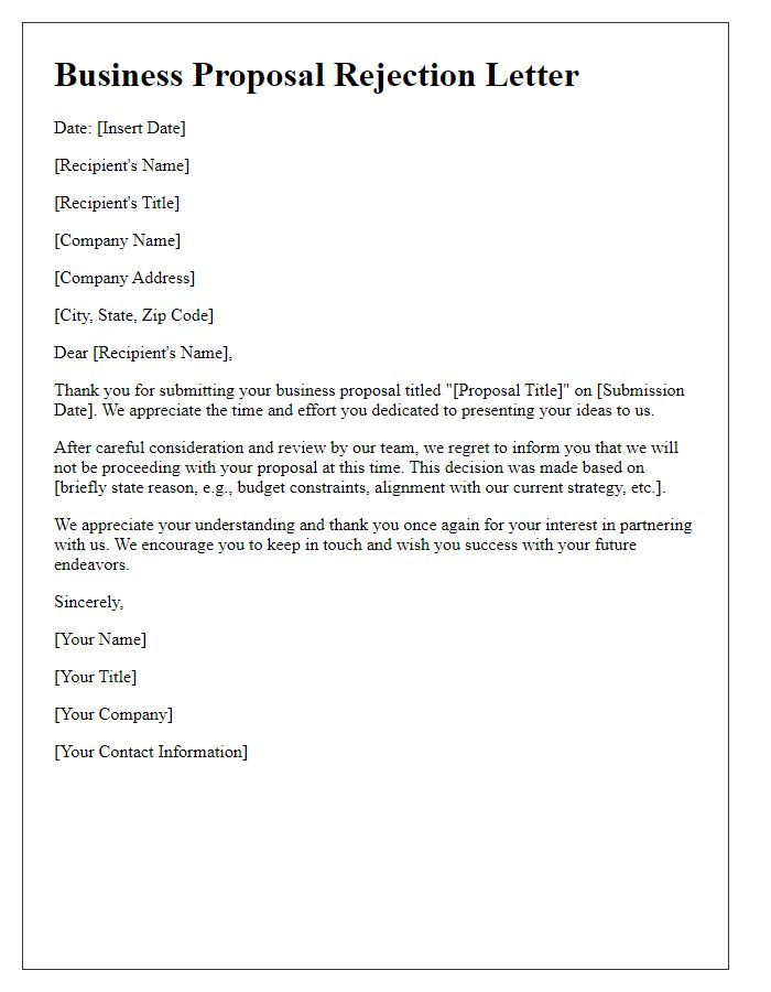 Letter template of formal rejection for a business proposal