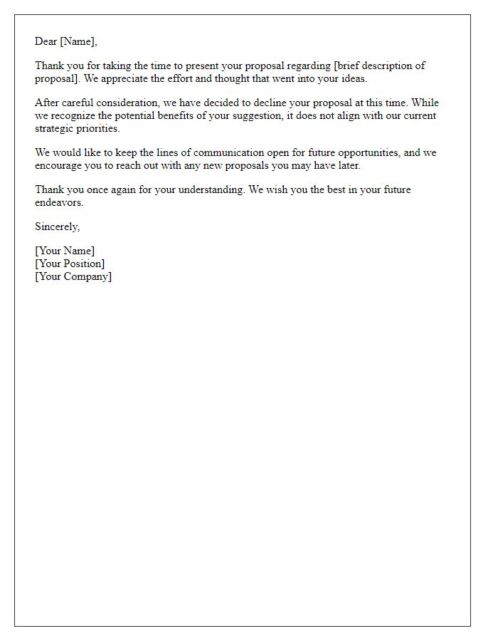 Letter template of respectful rejection for a business proposal