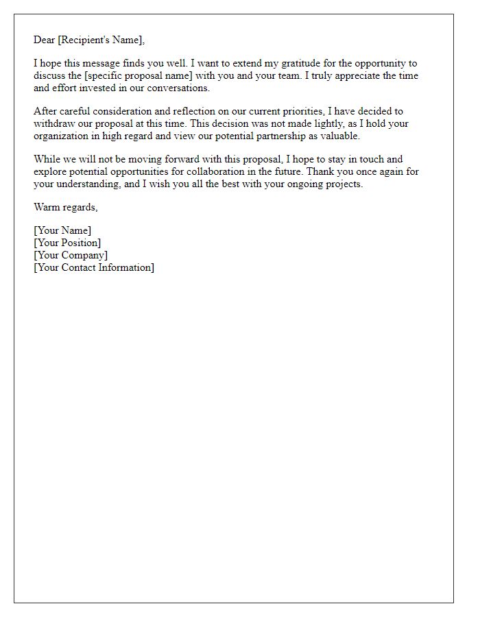 Letter template of tactful withdrawal from a business proposal