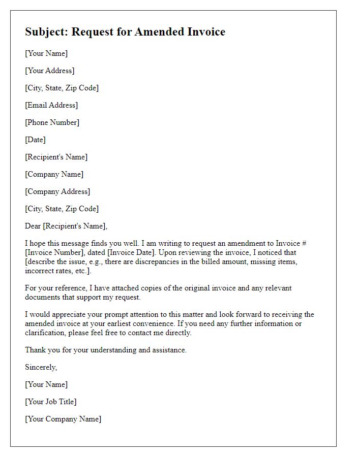 Letter template of appeal for an amended invoice