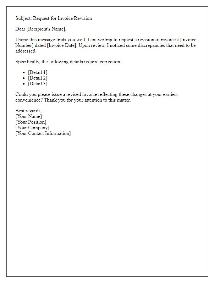 Letter template of ask for an invoice revision