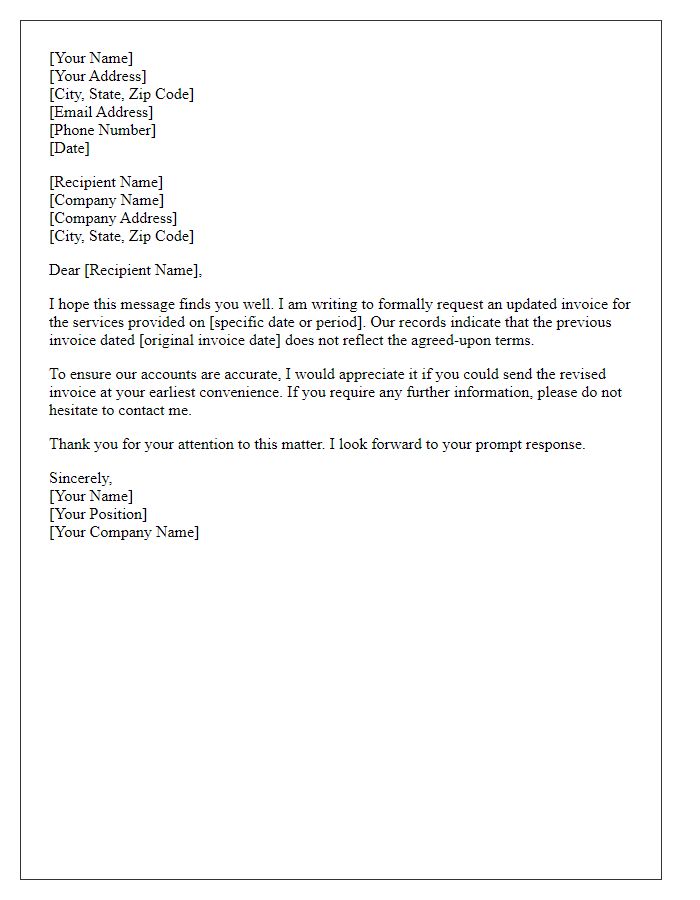 Letter template of formal request for an updated invoice