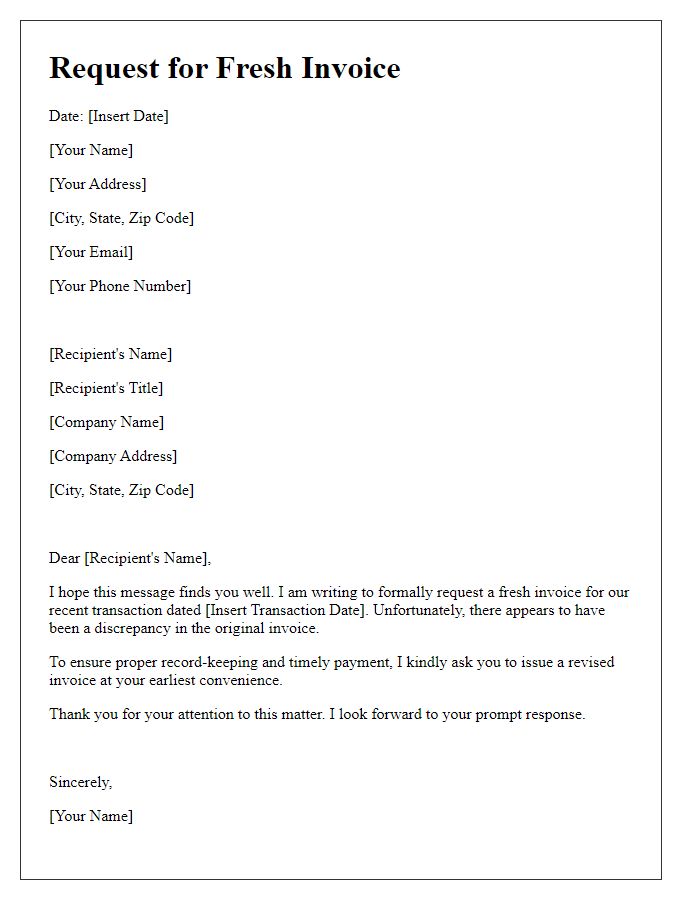 Letter template of petition for a fresh invoice