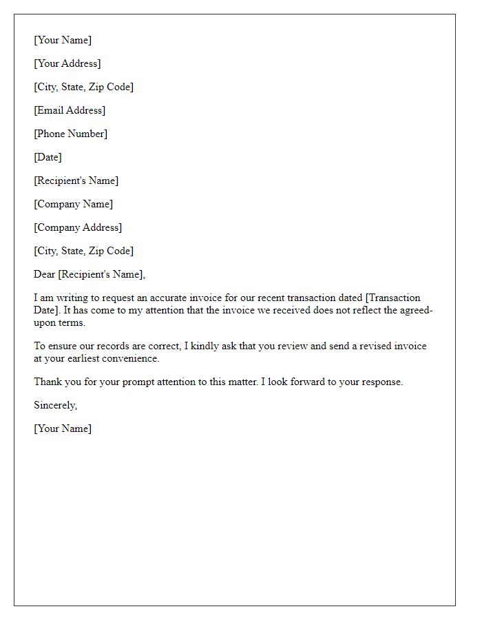 Letter template of request for an accurate invoice